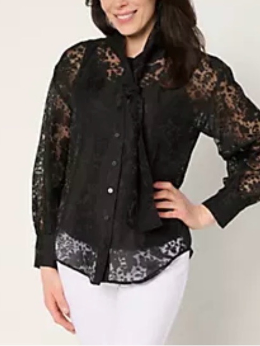 New by Stacy London Black Floral Organza Bow Tie Blouse with Knit Tank / 1X